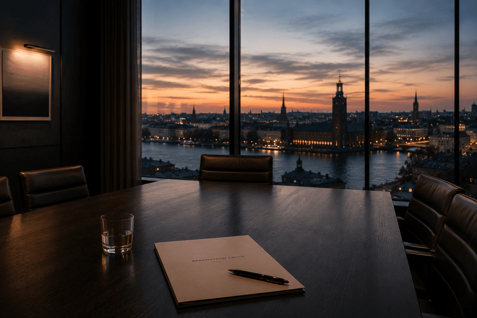 Nattligt kontor med utsikt över stad, symbol för ansvar, diskretion och internationell räckvidd